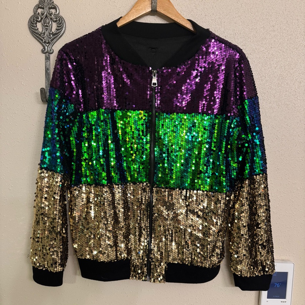 Mardi Gras Colors Sequined Colorblock Bomber Jacket - Purple, Green & Gold